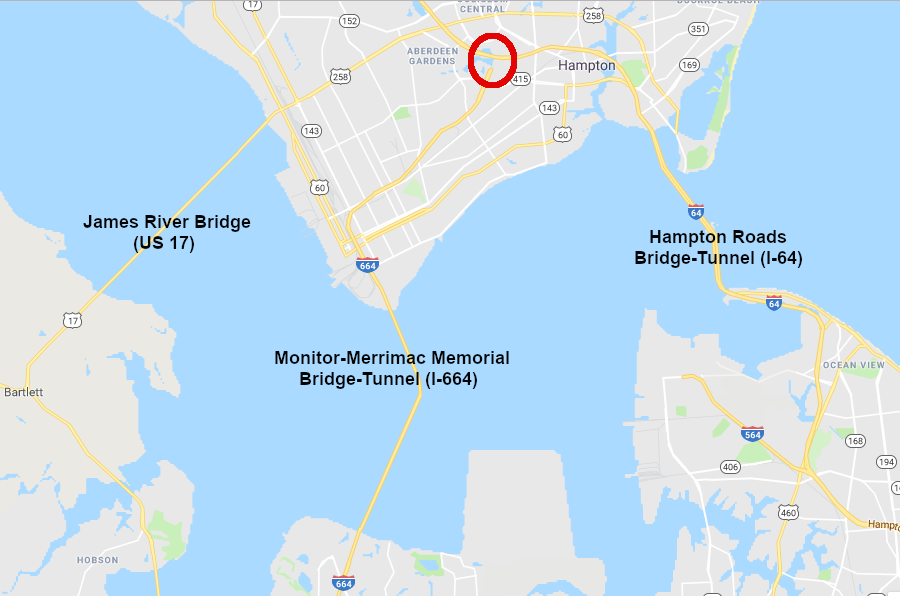 the northbound tunnel of the Monitor-Merrimac Memorial Bridge-Tunnel (I-664) will be closed to avoid congestion at the I-664/I-64 interchange (red circle)