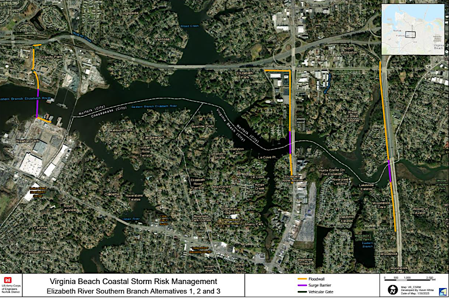tide gates could be installed at one of three locations on the Southern Branch of the Elizabeth River