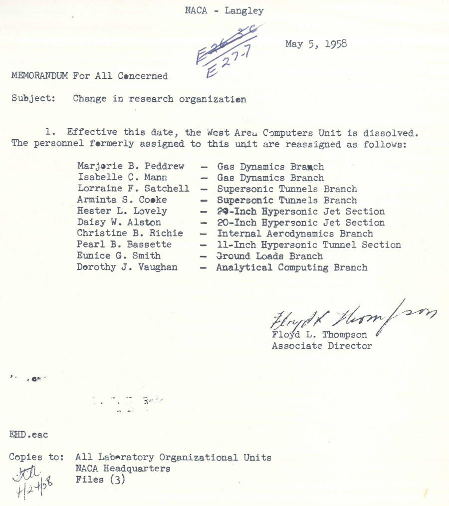 Langley Research Center desegregated in 1958 and reassigned its black female workers in the West Area Computers Unit to other groups