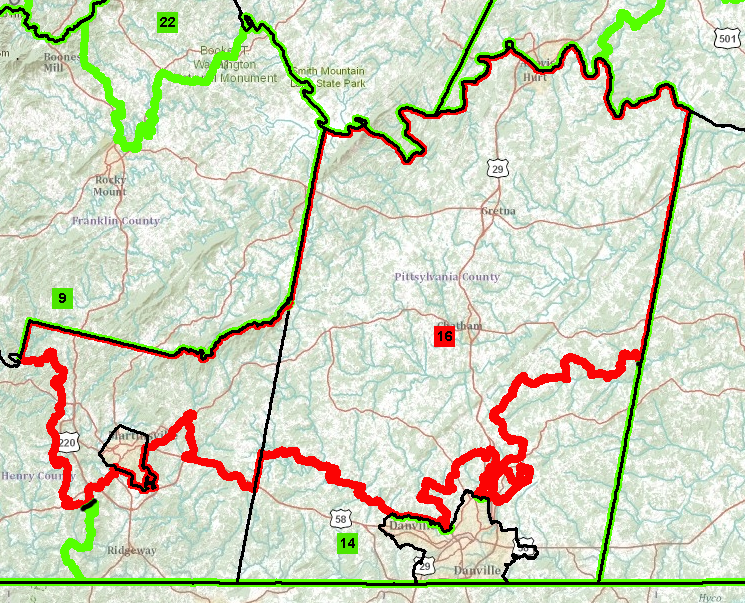boundaries of 16th District (including Coles Hill), represented by Delegate Donald Merricks in Virginia House of Delegates