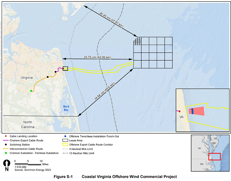the Coastal Virginia Offshore Wind (CVOW) project stretched inland to the Fentress substation