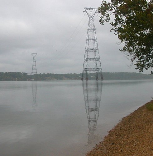 modern powerlines at Flowerdew Hundred, crossing the James River at approximate location of early colonial windmill