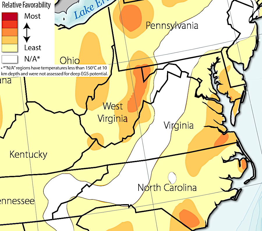 the lowest potential for geothermal energy in Virginia is underneath the Blue Ridge