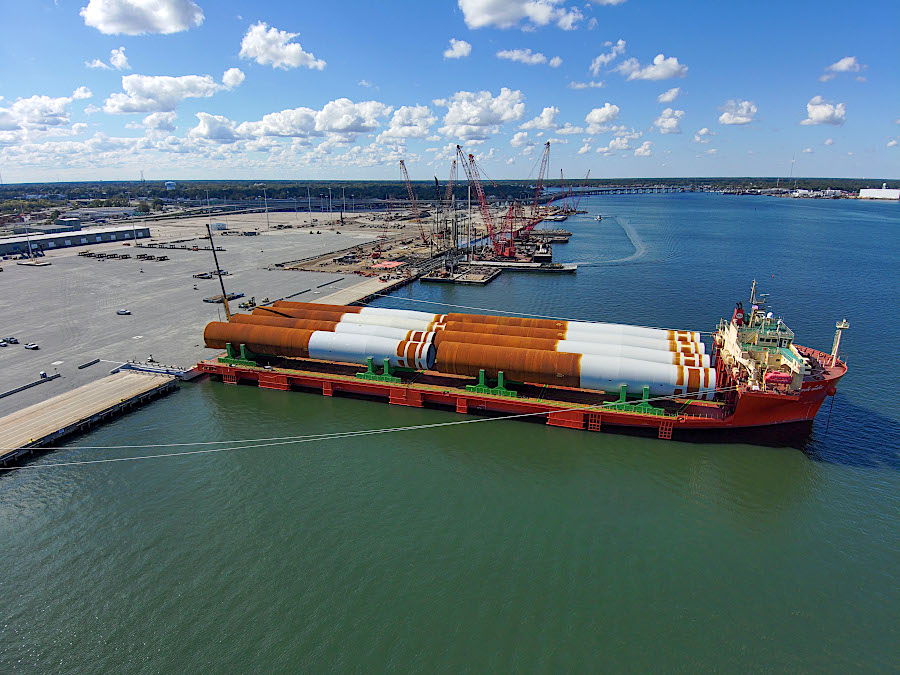 monopiles constructed in Germany arrived at Portsmouth Marine Terminal (PMT) in October, 2023; the brown portion is driven into the seafloor