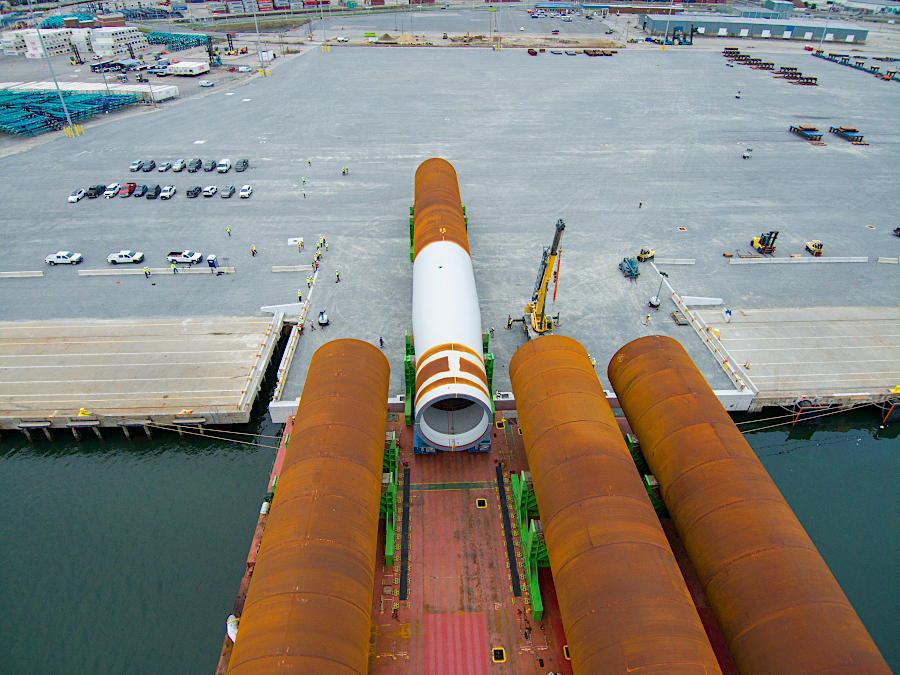 monopiles constructed in Germany arrived at Portsmouth Marine Terminal (PMT) in October, 2023; the brown portion is driven into the seafloor