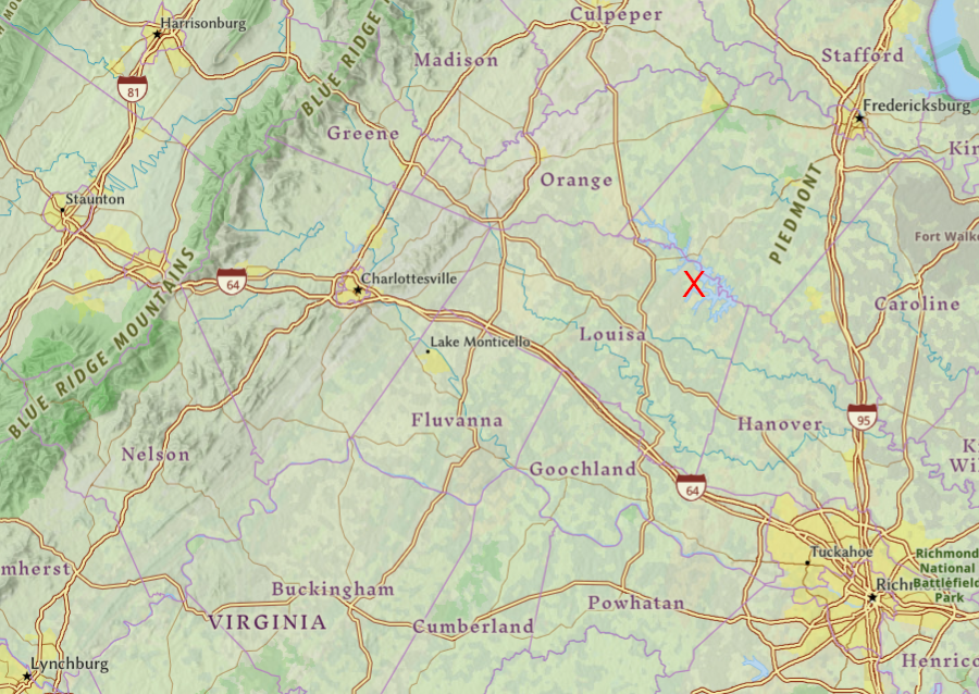 in 2024, Dominion Energy proposed locating a small modular reactor in Louisa County  at the North Anna Power Plant (red X)