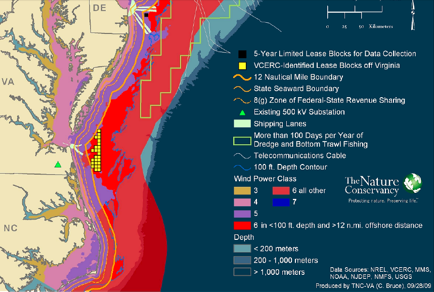 Class 6 wind power potential and possible lease blocks off Virginia coast