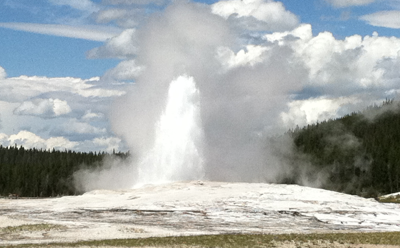 geysers such as Old Faithful in Yellowstone National Park are generated by water heated at depth, reaching the boiling point, and then surging to the surface