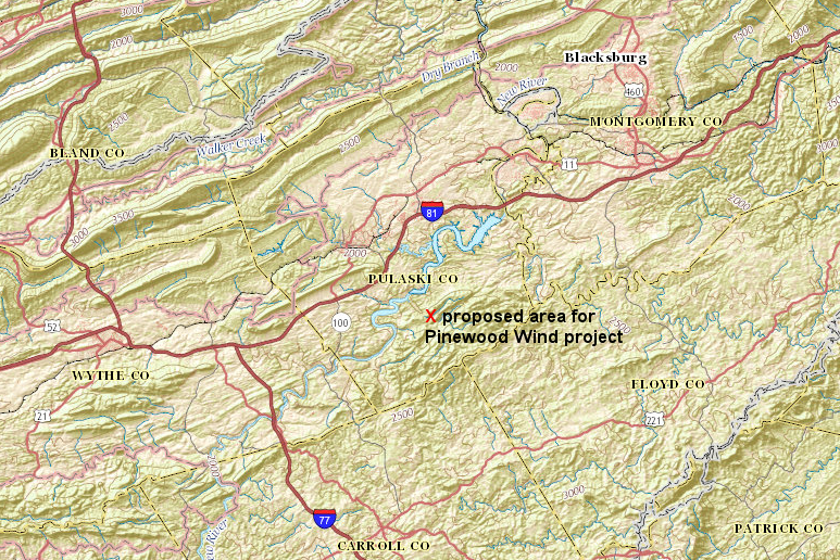 the Pinewood Wind project in Pulaski County, proposed by Apex Clean Energy in 2015, would be located on property owned by the Boy Scouts east of Claytor Lake