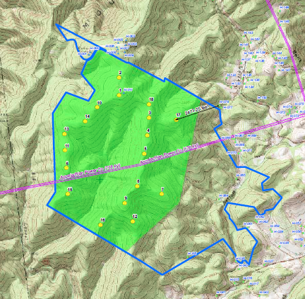 Poor Mountain southwest of Roanoke, showing planned locations of up to 18 turbines on ridgetops