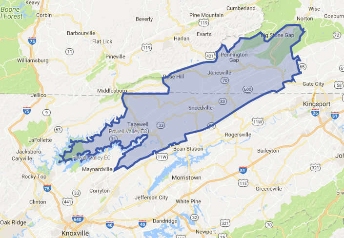 the Powell Valley Electric Cooperative service area extends outside of Virginia into northeast Tennessee