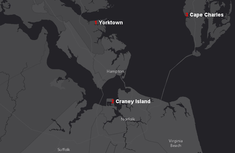 if a new oil refinery is built in Virginia, three potential locations are the old refinery site at Yorktown (1), the planned Craney Island Marine Terminal (2), or the Town of Cape Charles (3)