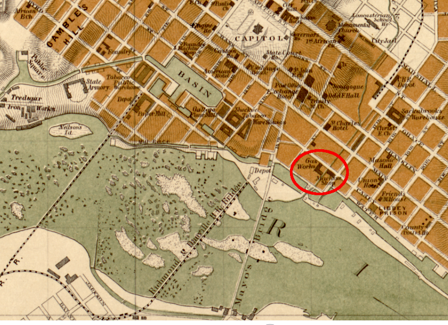 the original location of the gas works in Richmond between 15th and 16th streets was used for only five years, until a larger facility was constructed in Fulton in 1856