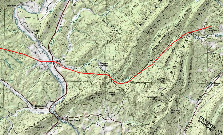 the proposed Rocky Forge Wind project could link to the grid through existing electrical transmission lines (red line) at the southern end of North Mountain