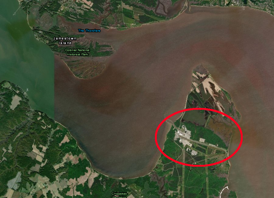 the Surry nuclear power plant is on the Hog Island peninsula downstream from Jamestown