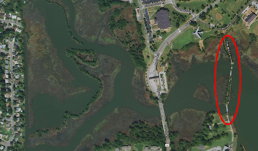 Tide Mill Lane in Hampton, south of Joint Base Langley-Eustis, indicates what was once there
