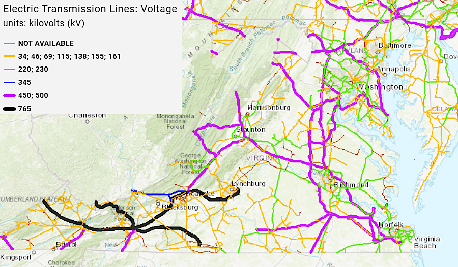 transmission lines of different voltages cross Virginia
