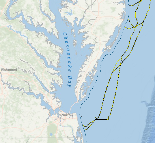 proposed route on Outer Continental Shelf of high-voltage, direct-current, underwater electricity transmission system for Atlantic Wind Connection Project