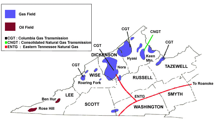 Map of Natural Gas and Oil Fields in Virginia