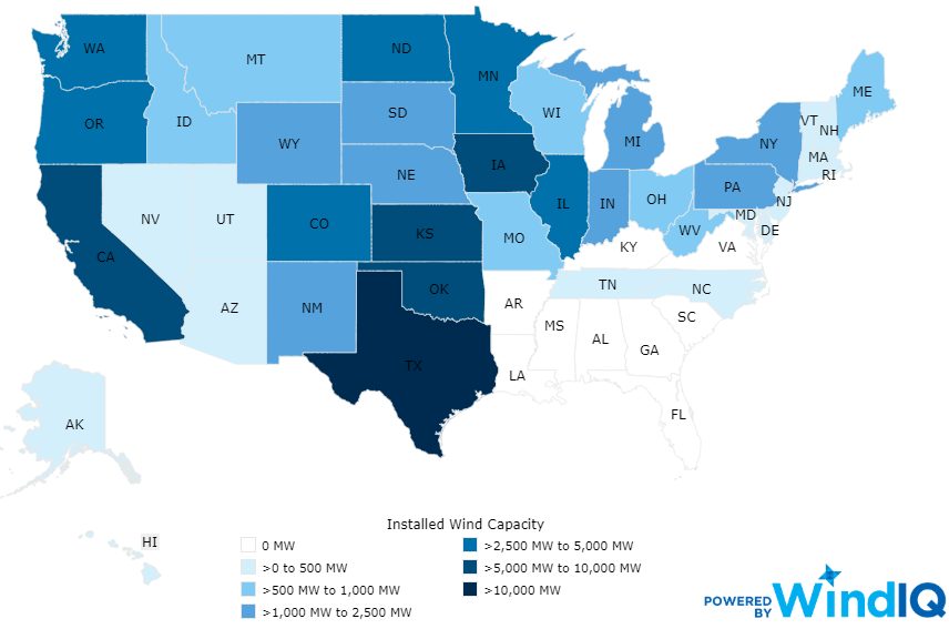 only nine states - including Virginia - had no operating wind projects in 2019