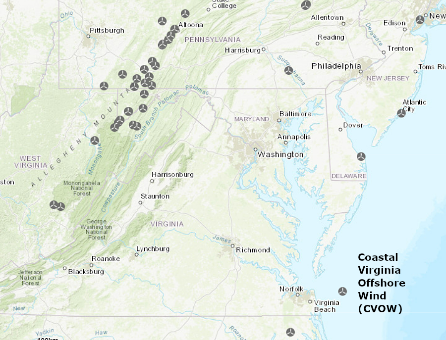in 2022, Virginia had no wind turbines generating electricity in the mountains