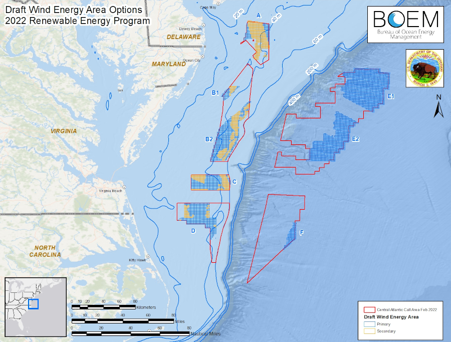 the Bureau of Ocean Energy Management identified eight draft Wind Energy Areas (A to F) in 2022