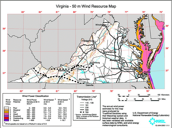 wind energy map of Virginia