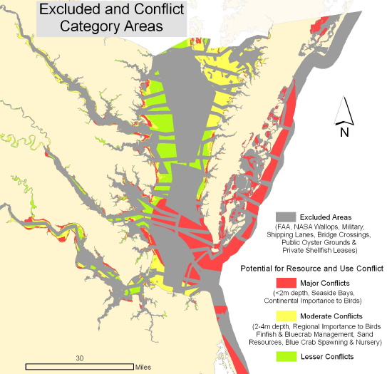 areas not suitable for wind-powered facilities in Chesapeake Bay/Atlantic Ocean, due to conflicts with shipping, birds, crabs, oysters, and military activities