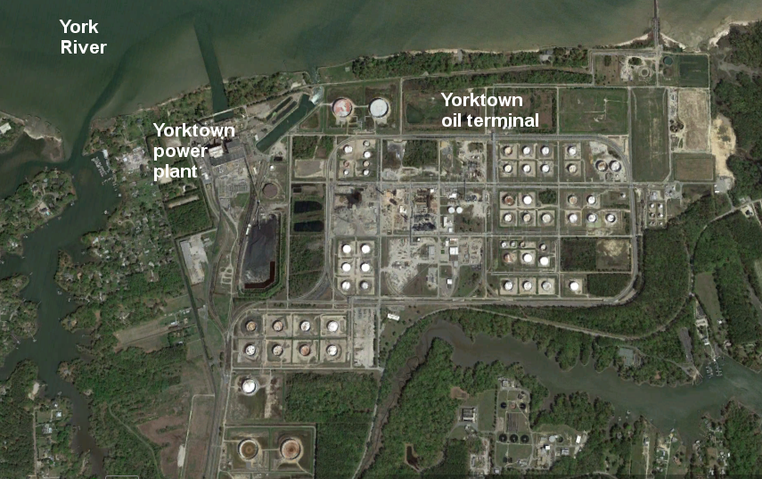 the former oil refinery at Yorktown has been converted into an oil storage facility