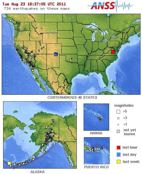 a rare image: Latest Earthquakes in the USA - Last 7 days shows August 23, 2011 earthquake
