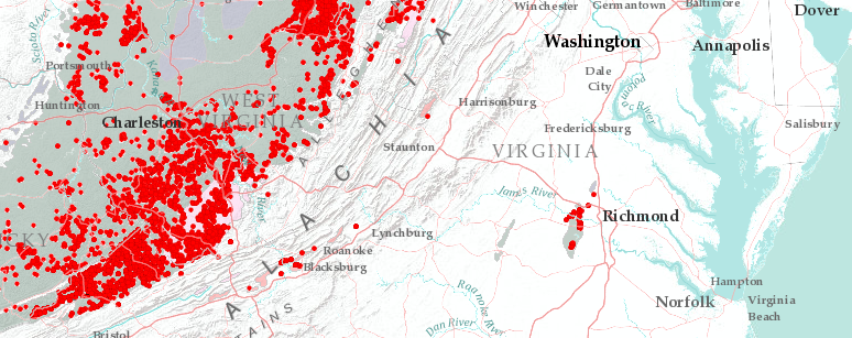 abandoned mine lands in Virginia include coal mines near Richmond, Harrisonburg, and Blacksburg, as well as in the Appalachian Plateau