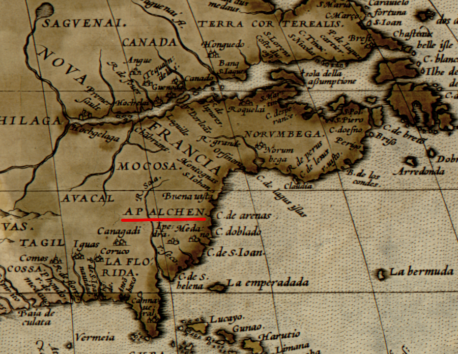 in 1570, Abraham Ortelius applied the named used by Jacques Le Moyne to the region inland from the Atlantic coastline