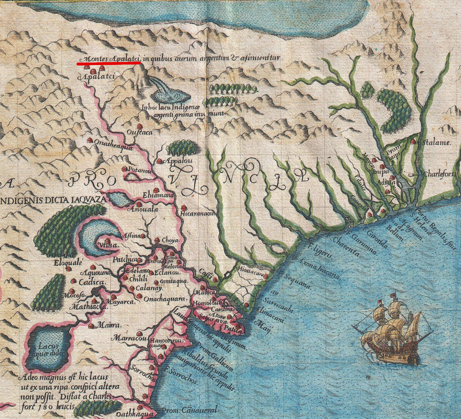 Jacques Le Moyne's widow sold his materials to Theodore de Bry, who produced a map in 1591 that included Montes Apalatci