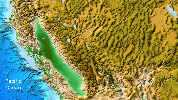 Basin and Range Province, where crust is stretching east-west and mountain ranges look like rows of caterpillars marching northward