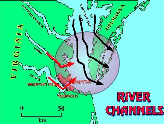 path of Susquehanna River and sharp changes in direction of James and York rivers at edge of crater show how modern river channels were shaped by the bolide impact 35 million years ago