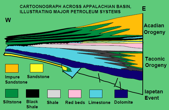 Devonian sediments deposited by erosion during/after the Acadian orogeny include organic material that decomposes into natural gas
