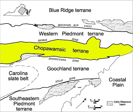 pyrite mines in the Piedmont are concentrated in a gold-pyrite belt on the western edge of the Chopawamsic Terrane