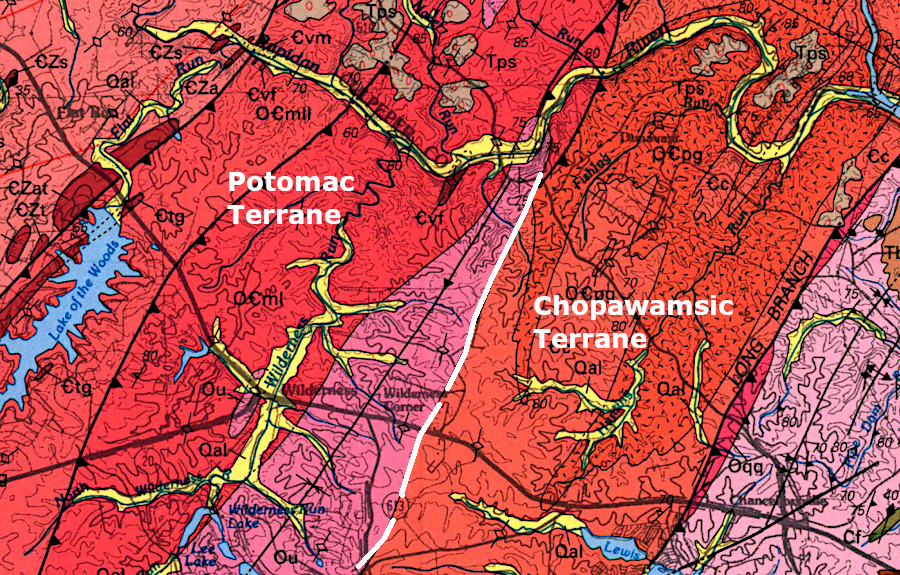 gold deposits in central Virginia are concentrated near the Chopawamsic Fault (white line)