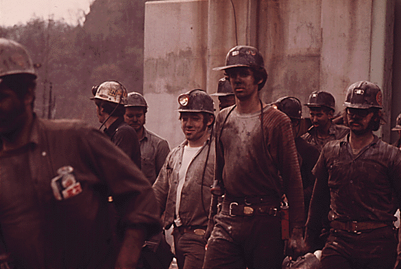 coal miners in Tazewell County in 1974, with shifts preparing to go underground and emerging from the mine