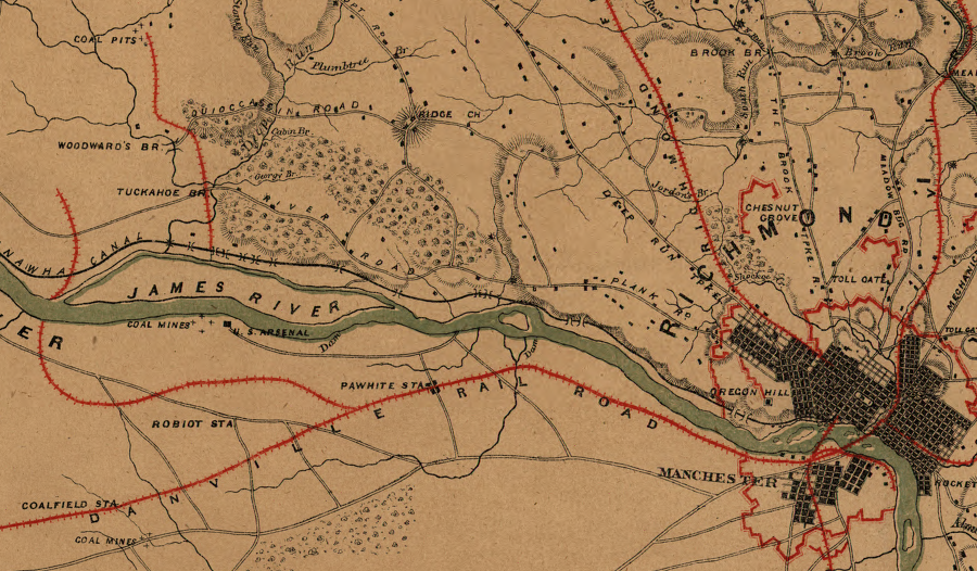 the railroad through today's West End of Richmond was not built until the Richmond and Allegheny Railroad replaced the canal; earlier coal shipments from pits to the west relied upon a water link to get to market