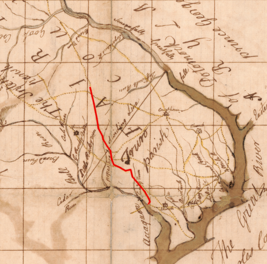Ox Road (red) was constructed by King Carter around 1730 to haul copper ore to the Occoquan River