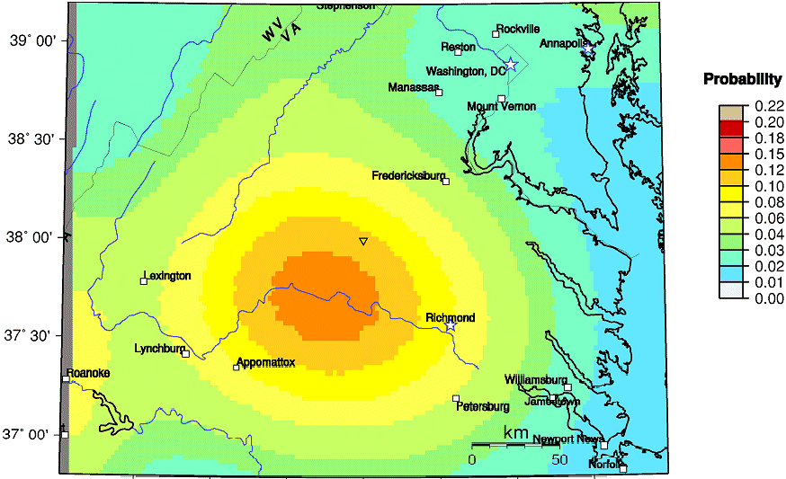 probability of earthquake greater than 4.75 magnitude within next 100 years (central Virginia)