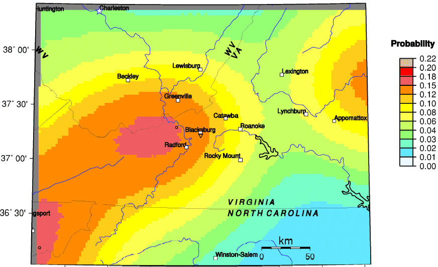 probability of earthquake greater than 4.75 magnitude within next 100 years (southwest Virginia)