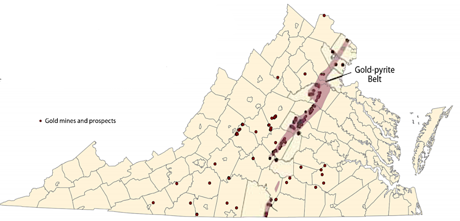 gold in Virginia is concentrated north of the James River in a gold-pyrite belt of metamorphic and volcanic rocks along the western edge of the Chopawamsic Terrane