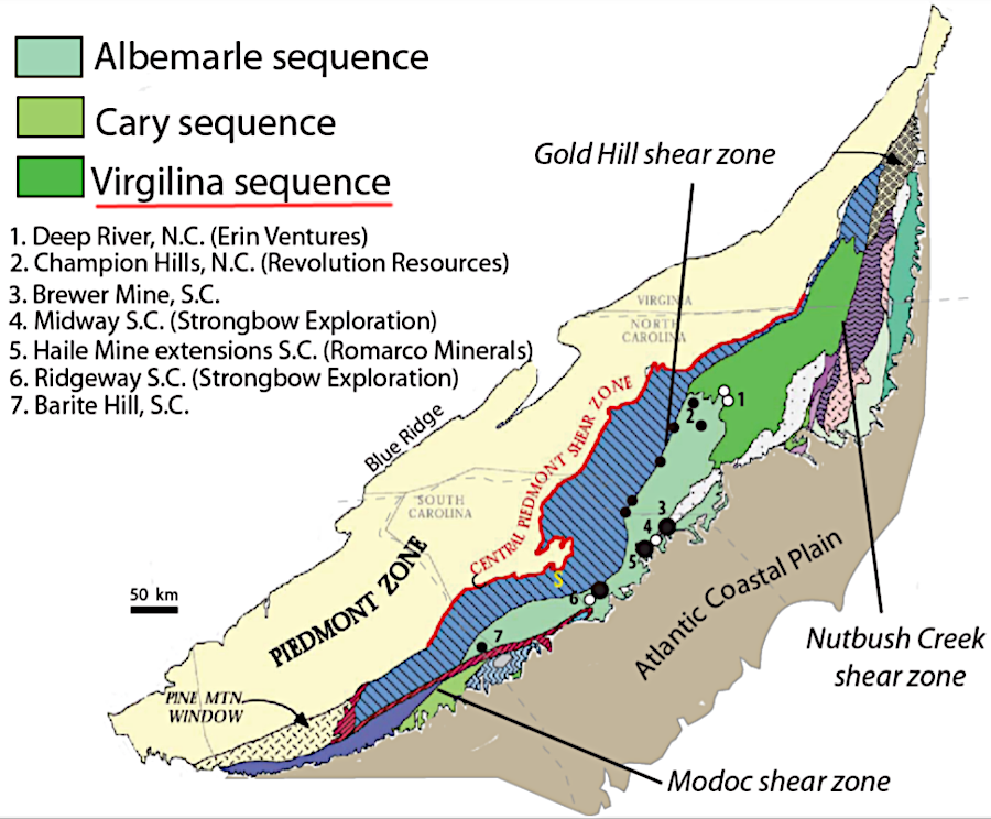 gold deposits in Virginia south of the James River are most common in the Virgilina District