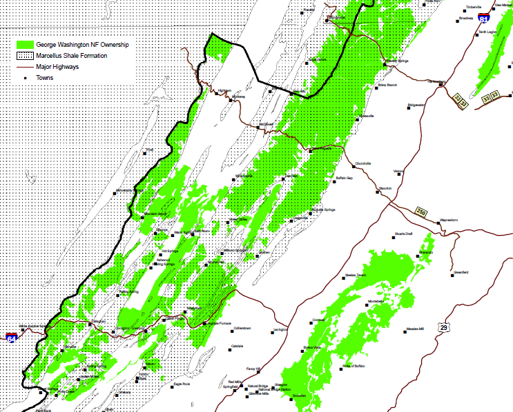 much of the Marcellus Shale in Virginia lies beneath the George Washington National Forest