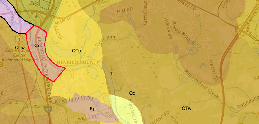 iron ore shipped to England in 1608 may have come from the Potomac Formation exposed at Falling Creek (red boundary), perhaps enriched from the adjacent Petersburg Granite (black boundary)