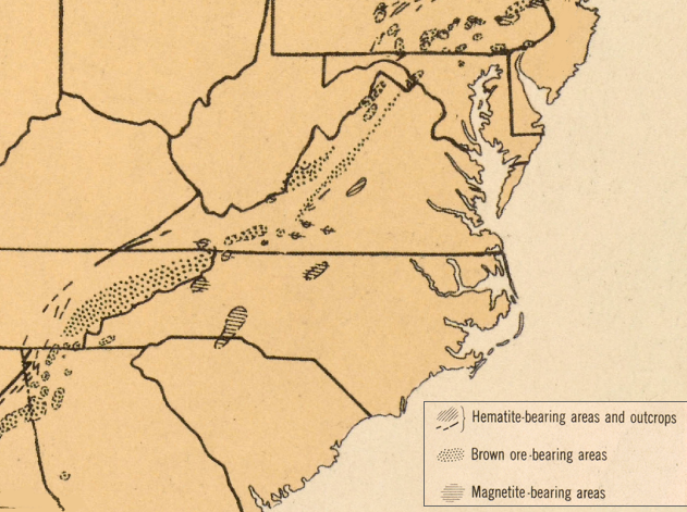 early furnaces during the colonial era utilized bog iron and small deposits or iron ore east of the mountains, until richer deposits were located west of the Blue Ridge