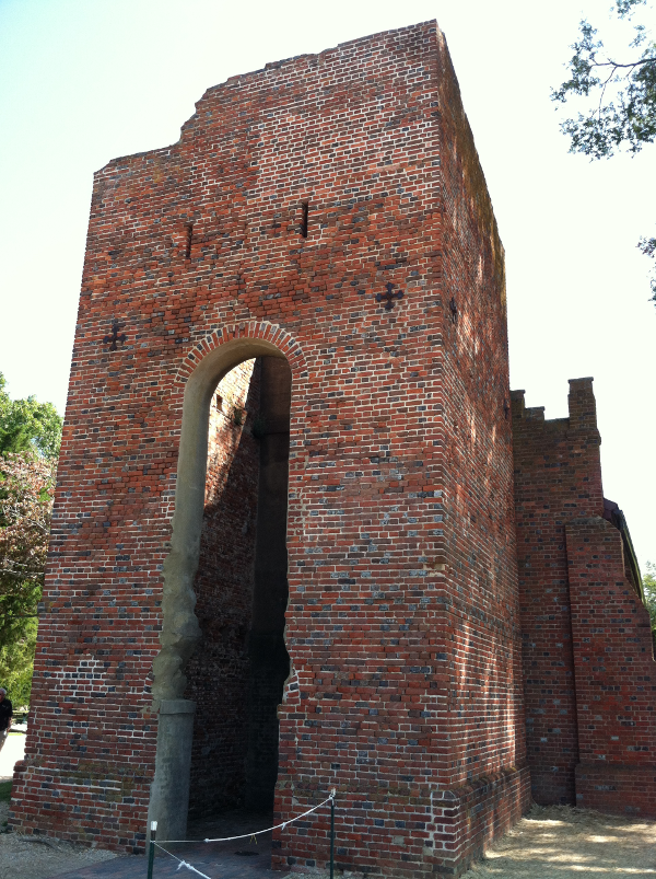 church tower at Jamestown, built before 1702 and restored in 2014 (church in background is a 1907 re-creation)