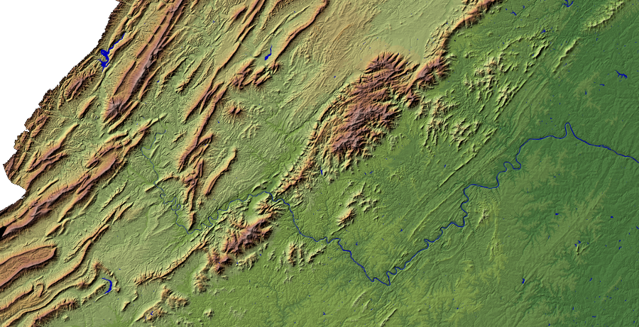 the James River crosses the Valley and Ridge physiographic province and cuts through the Blue Ridge at Balcony Falls, before flowing eastward across the Piedmont to deposit its sediment in the Chesapeake Bay